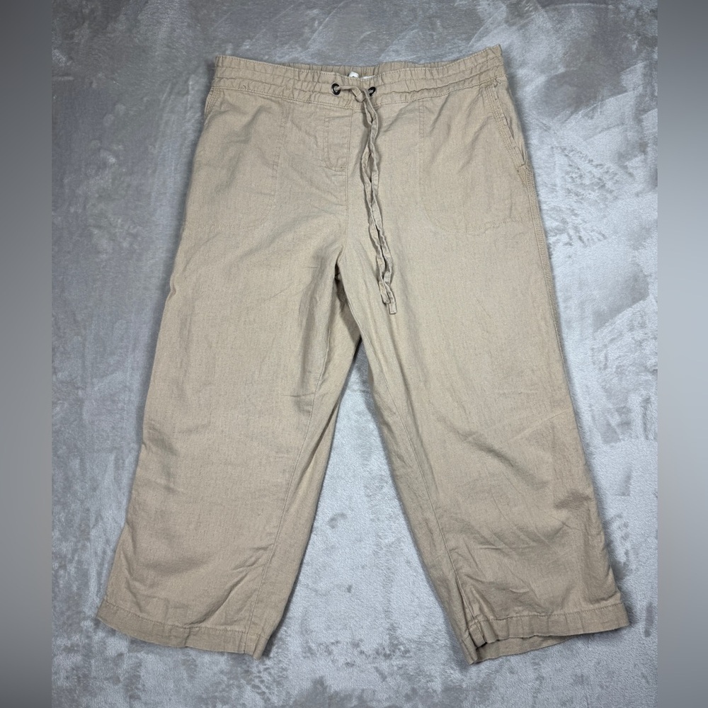 Per Se Linen Blend Tan Cream Elastic Drawstring Waist Cropped Capri Pants Large